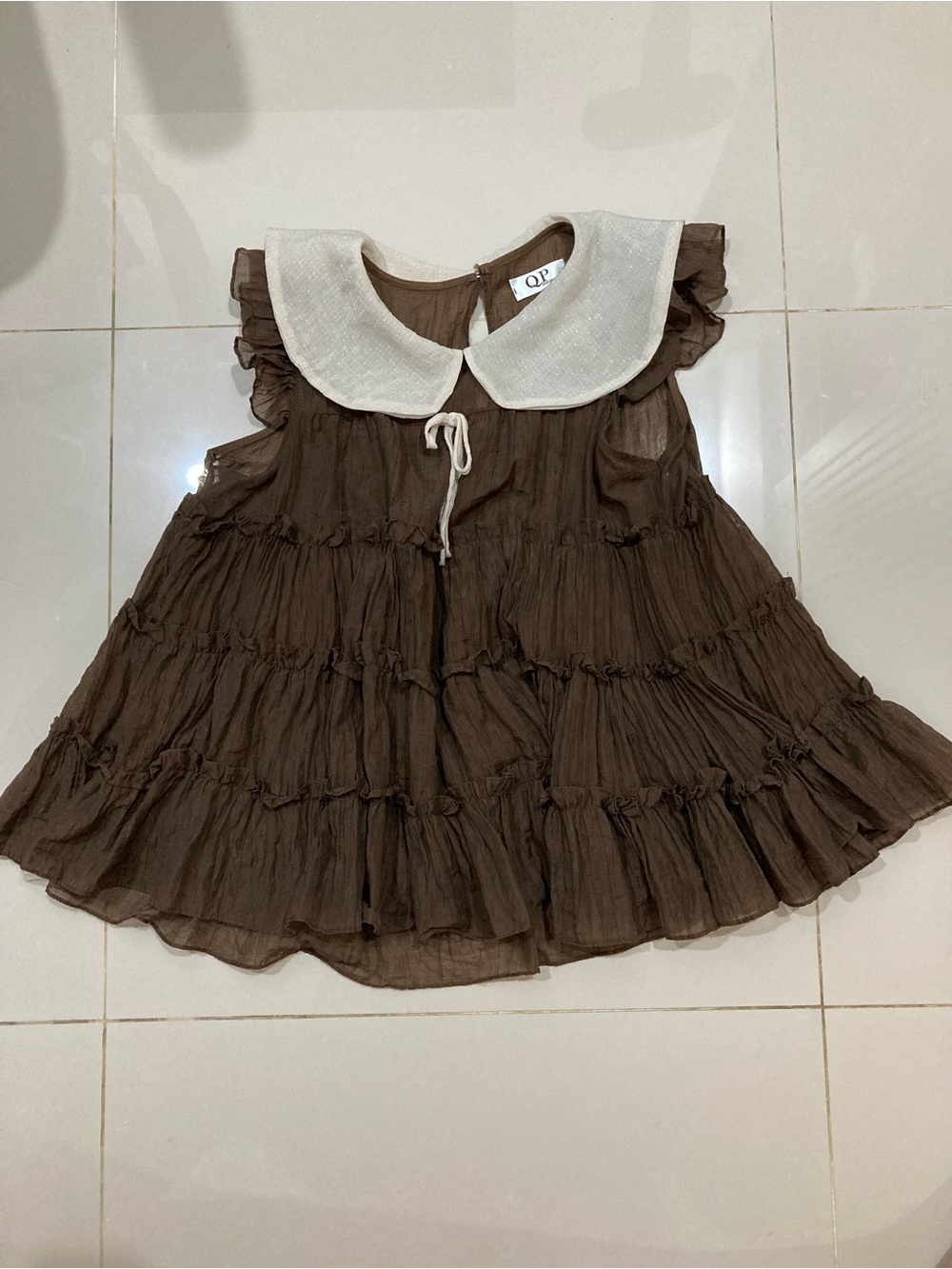 Girls' Brown Ruffled Dress-Style Top with White Peter Pan Collar
